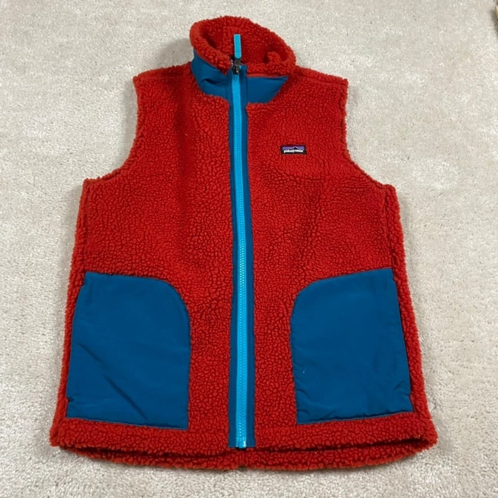 Patagonia Retro-X Fleece Vest Kids XL 14 Red Blu Full Zip Sherpa Hiking Outdoor